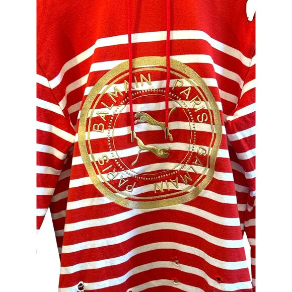 Balmain X Puma Red White Gold Striped Distressed Hoodie Medium Collab Retail 695 - Picture 3 of 7